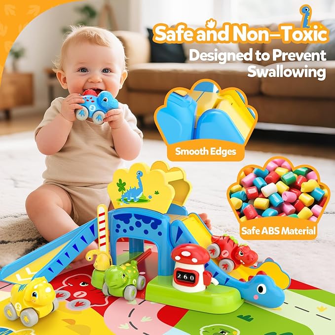 Toddler Toys for 1 2 Year Old Boy Gifts - Educational Dinosaur Slide Set with 4 Color/Number Push Cars and Playmat, Montessori Learning Toy for Baby 12-18 Months,1st Birthday Present Ages 1-2,Primrose