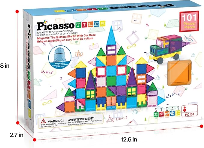 PicassoTiles 101 PCs Magnetic Tiles Building Blocks with Car & Drawstring Carry Bag Toy Storage Magnet Block for Toddlers Kids STEM Toy Set Educational Tile Learning Brain Development Ages 3+ PC101