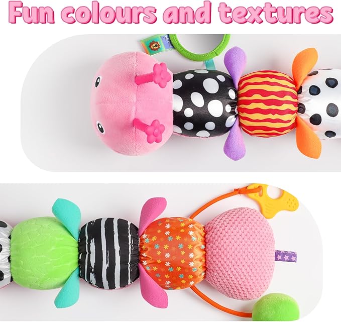 LIGHTDESIRE Baby Toys Musical Caterpillar,Infant Toys Stuffed Animals with Ruler Design,Mirror,Pull String&Ring Bell,Baby Teething Toys for Tummy Time Toy Newborn Gifts 3 6 12 Months(Pink,Leafy Limb)