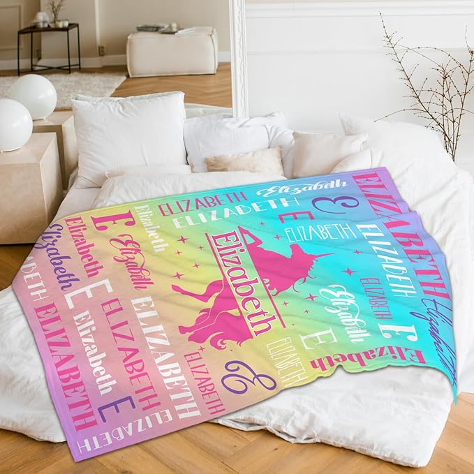 Unicorn Blanket and Throw, Personalized Girls Blankets for Kids, Women, Soft Cozy & Warm Unicorn Throws for Sofa Office Trip Chairs Camping, 4 Sizes for Toddler/Children/Teens/Adults