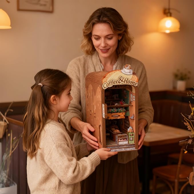 Book Nook Kit - DIY Miniature House Kit for Adults, Dollhouse Booknook Tiny House Bookshelf Decor 3D Wooden Puzzle Street Model, Ideal Gift for Book Lovers, Family, Friends (Coffee & Home)