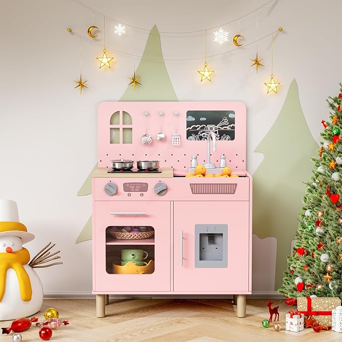 MAMIZO Play Kitchen for Kids, Pretend Playset with Blackboard & Realistic Lights & Sounds, Ultimate Interactive Wooden Kitchen with Knob Sounds, Sink, Water Dispenser, 6 Pcs Cookware for Ages 3+(Pink)