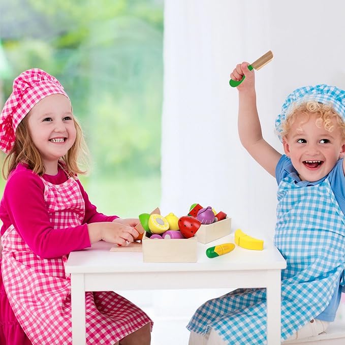 MerryPony 30 Pcs Wooden Play Food Sets for Kids Kitchen Accessories, Velcro Fruit and Veggies for Toddlers, Velcro Fruit Cutting Toys for Kids, Color Sorting Play Food Set, Play Food for Toddlers 1-3