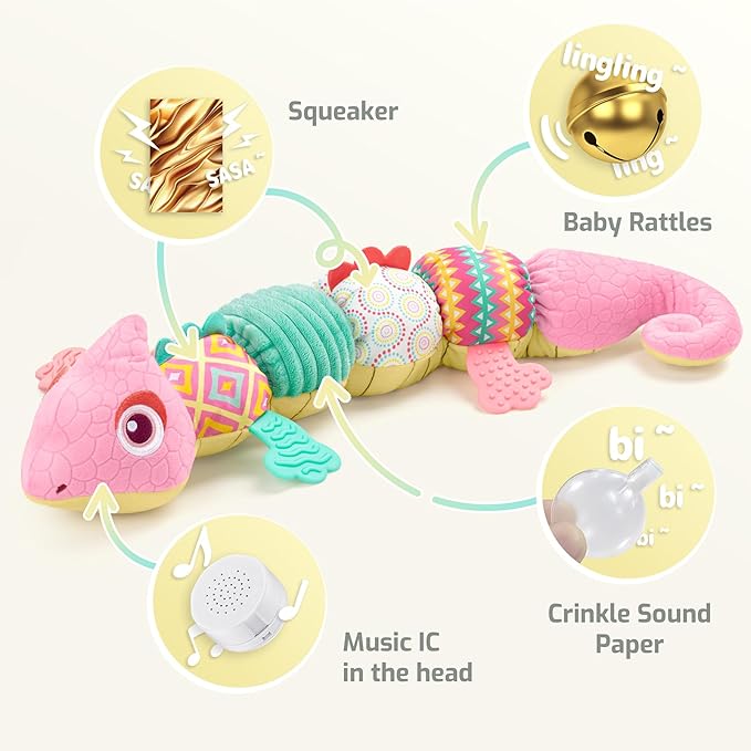 Sumobaby Infant Baby Musical Stuffed Animal Toys for 0-3-6-12 Months,Multi Sensory Toys with Crinkle and Rattles, Tummy Time Toys for Newborn Boys Girls, Dinosaur, Pink