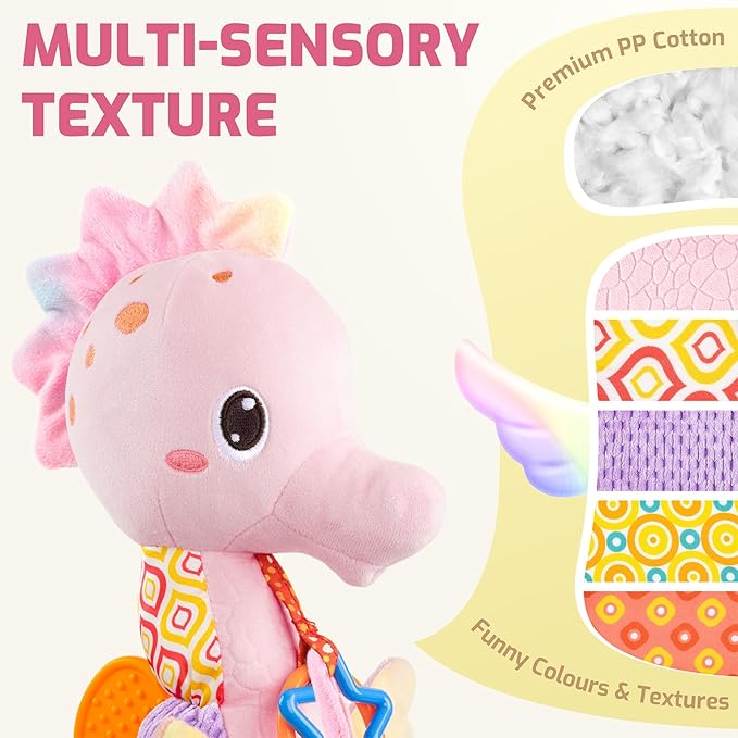 Sumobaby Infant Baby Musical Stuffed Animal Activity Soft Toys with Multi-Sensory Crinkle, Rattle and Textures, for Tummy Time Newborn 0-3-6-12 Months Girls,Seahorses - Pink with Baby Mirror