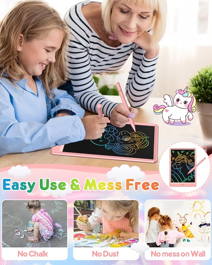 FLUESTON LCD Writing Tablet, Doodle Board Toys Gifts for 3-8 Year Old Girls Boys, 10 Inch Colorful Electronic Board Drawing Pad for Kids, Christmas Gifts for Toddler Educational Learning Travel, Pink