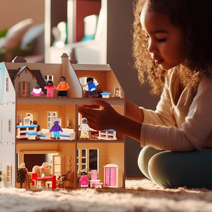 Sumind 35 Pcs Wooden Dollhouse Furniture Set with 8 Family Toys Family Set 27 Pcs Furniture Dollhouse Accessories for Boys Girls, Thanksgiving Christmas Birthday Gift(African-American Dolls)