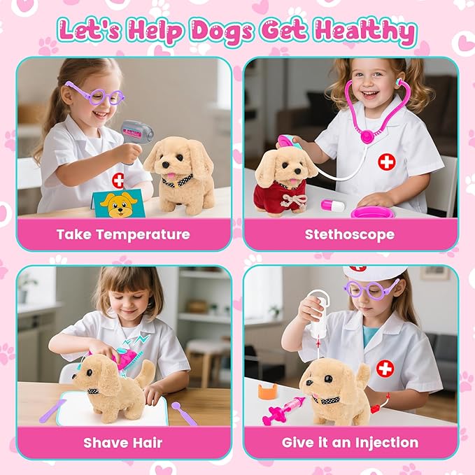 deAO Dog Toys for Kids Doctor Kit,Walking Barking Electronic Interactive Stuffed Dog with Veterinarian Costume, Pet Backpack, Pretend Play Vet Kit Christmas Birthday Gifts for Boys Girls 3+ Years Old