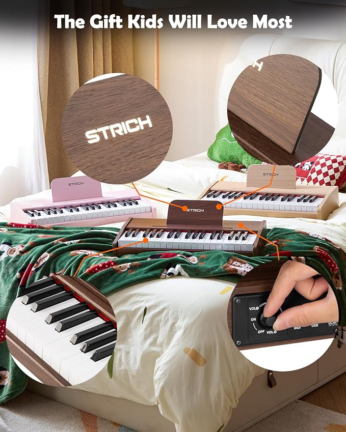 STRICH 37 Keys Kids Piano Keyboard, Mini Digital Piano for Kids, Volume Adjustable, Music Book, Wood Piano for 3+ Girls and Boys, Walnut Color, SEK-37