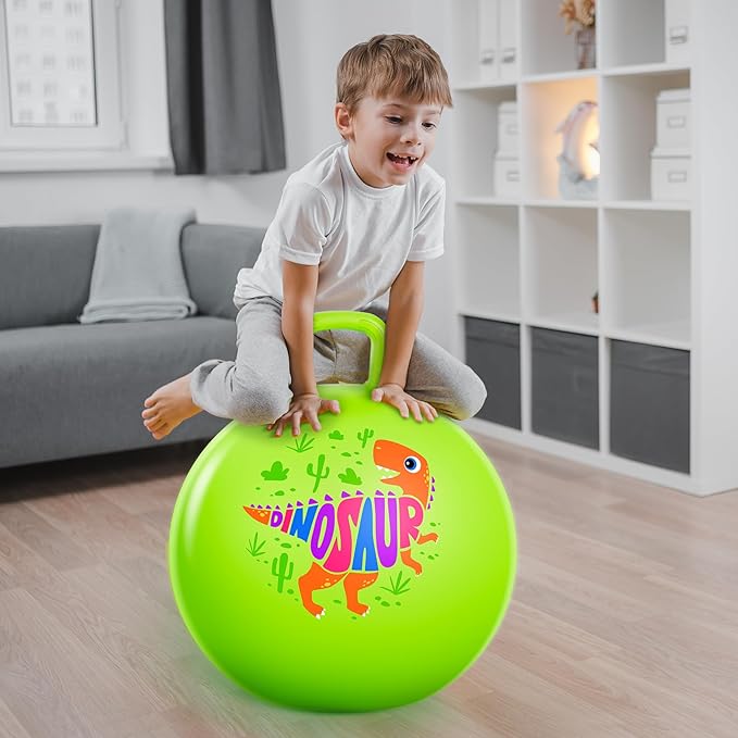 ZOOJOY Hopper Ball for Kids Aged 3-8, 18In Bouncy Balls with Handle, Green Dinosaur Hoppity Hop Ball with Pump, Indoor Outdoor Inflatable Jumping Hopping Toys for Boys Girls Girls