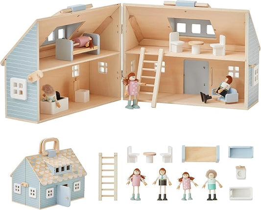 Olivia's Little World Wooden Cottage Dollhouse with 12 Accessories & 4 Figurines – Portable 2-Story Playhouse for 3.5" Dolls – Foldable Miniature Toy House for Girls Ages 3+