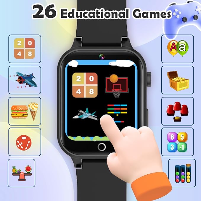 Luyiilo Kids Games Watch, with 26 Puzzle Games, Touch Screen, HD Camera, Alarm Clock, Toys for Ages 4-12 Years Old.Birthday Gift for Boys Girls (Black)