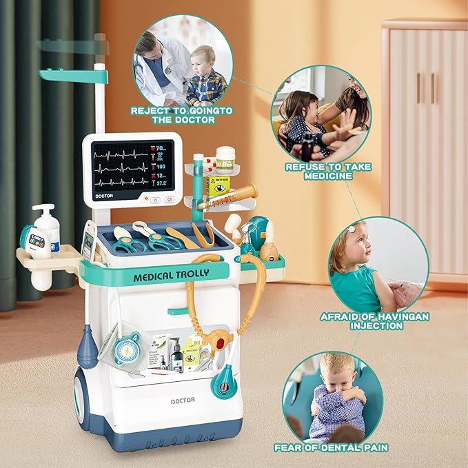 Doctor Kit for Kids 28 Accessories Pretend Medical Station Set Mobile Cart with Lights,Thermometer, Stethoscope and Doctor Costume Role Play Role Play Educational Toys for Boys & Girl Toddlers