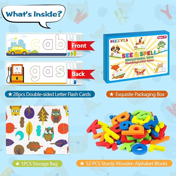 Learning Educational Toys for 2 3 4 5 6 Years Old Boys Girls, See & Spell Matching Letter Game with Alphabet Cards for Kids, Preschool CVC Word Builders Toy, Christmas Birthday Gifts for Age 2-4 4-6