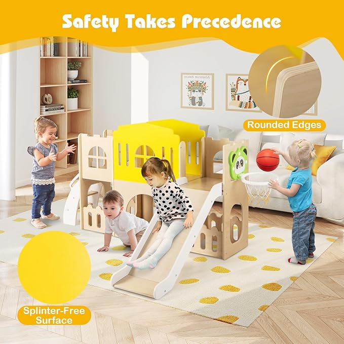 Costzon Wooden Toddler Slide, 7-in-1 Climber Playset with Slide, Basketball Hoop, Extra-Long Aisle, Peek-a-Boo Window, Crawling Tunnel & Storage Space, Indoor Outdoor Playground Slide for Kids