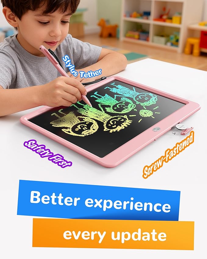 KOKODI LCD Writing Tablet, 12 Inch Colorful Toddler Doodle Board Drawing Tablet, Erasable Reusable Electronic Drawing Pads, Educational and Learning Toy for 3-6 Years Old Boy and Girls(Pink)