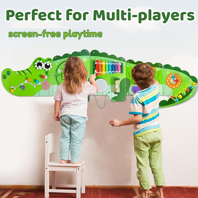 Crocodile Activity Wall Busy Board Panels | 9-in-1 Wooden Sensory Wall Panel for Kids, Montessori Learning Activity Center | Perfect for Toddler Playroom, Daycare, Nursery, Classroom or Dr's Office
