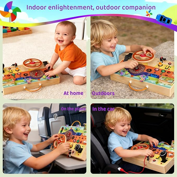 Montessori Wooden Busy Board with Steering Wheel & Driving Toys - Sensory Activity Boards for Toddlers 1-3, Car Themed Fidget Toy with Lights, Switches & Windmill Spinner, Travel Gift for Boys Girls