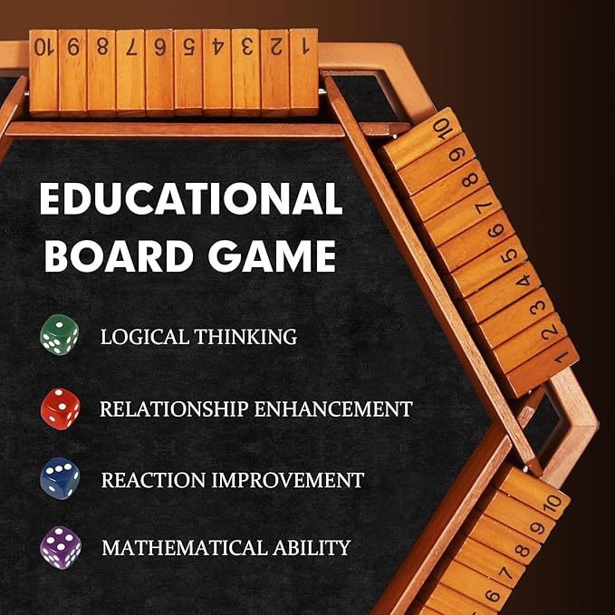 Upgraded 1-6 Players Shut The Box Dice Game, Wooden Board Table Family Game for Kids and Adults with 16 Dice, Classic Tabletop Math Game for Pub Classroom Party, Gift for Christmas Birthday