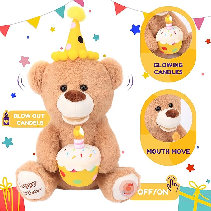 Hopearl Adorable Happy Birthday Teddy Bear with Glowing Cupcake Musical Stuffed Animal Bear Singing and Shaking Plush Toy Interactive Animated Kids Gifts, Brown, 15’’