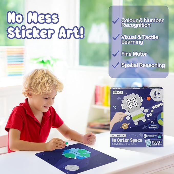 BINCA Dotties Dot Art Activity Kit - Space, 1500+ Stickers, Christmas Stocking Stuffers, Mess-Free Activities, DIY Dot Sticker Art, Kids Travel Activities, Gifts for Boys & Girls Ages 4,5,6,7
