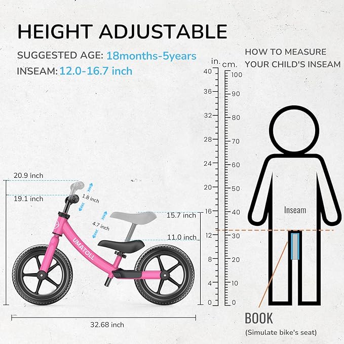 Umatoll Toddler Balance Bike 2 Year Old, Kids Bike Toy for 18 Months to 5 Years Old, Tool-Free Adjustment, Birthday Gifts for 2-3 Boys Girls, No Pedal