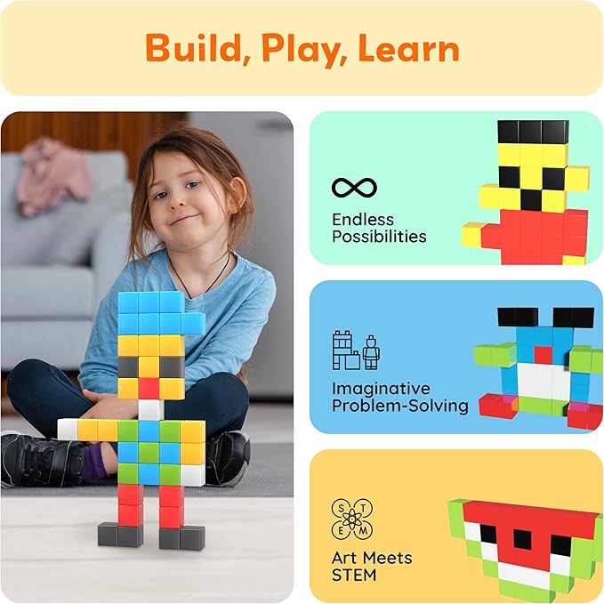 PicassoTiles 60pc Magnetic Puzzle Cube Building Set 1 Inch 3D Blocks STEM Construction Toy for Toddlers Kids Boys Girls Age 3+ Montessori Learning Travel Sensory Gift with Educational Idea Book PMC60