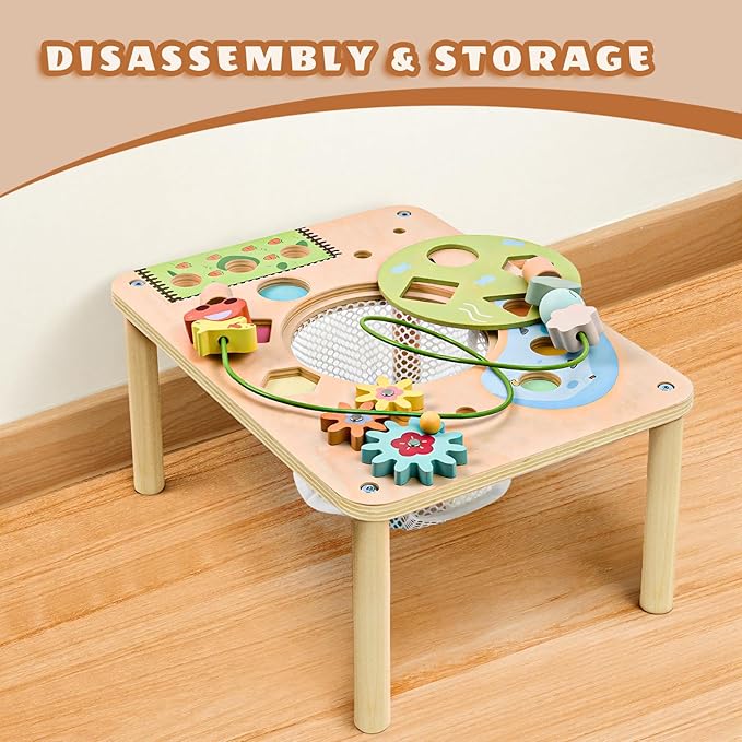 wingyz Activity Table, 6 in 1 Wooden Montessori Activity Center with Bead Maze Shape Sorter Fishing Game, Kids Sensory Play Table Toddler Toys 1st Birthday Gifts Boy Girl(Morandi-Square)