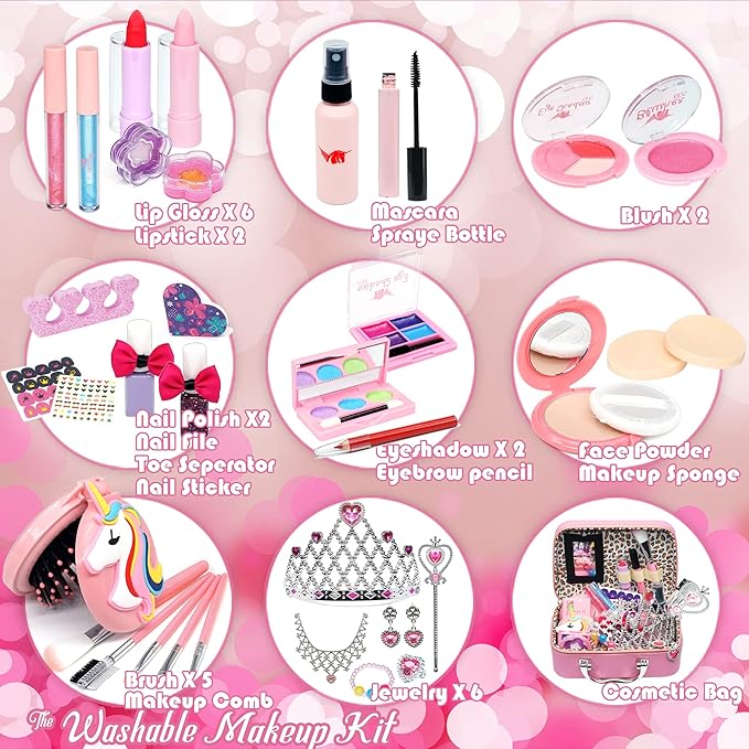 Kids Washable Makeup Girls Toys - Kids Makeup Sets for Girls 3-4, Real Makeup Kit Kid Make up Set for Children Princess Dress Up Christmas Birthday Gifts Toys for 3 4 5 6 7 8 9 10 11 12 Year Old Girl