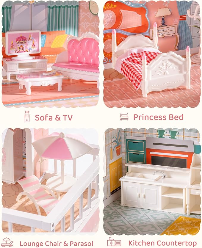 ROBUD Dollhouse Furniture Set, 30pcs Premium Pretend Play Dollhouse Accessories, Doll House Accessories and Furniture for 6 Rooms, for Dollhouse Decoration for Ages 3+