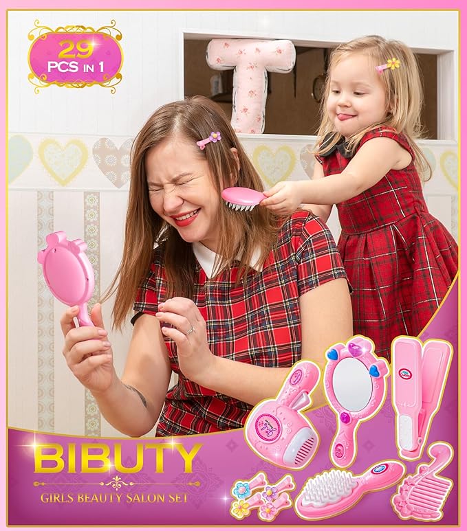 Kids Makeup Kit for Girl, Princess Toys Pretend Play Makeup Girls Toys, Kids Makeup Sets for Girls Beauty Salon Set Hair Accessories with Mirror, Hairdryer, Princess Cape Crown Handbag,Birthday Gifts