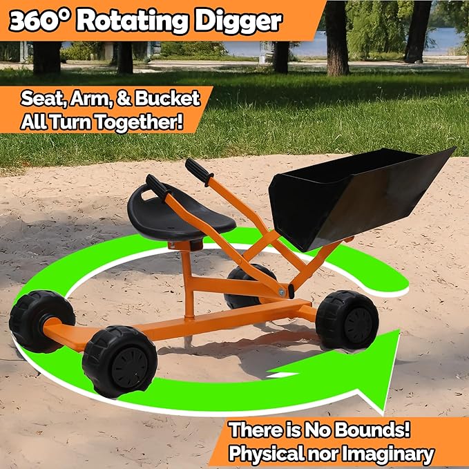 WONKAWOO Sand Digger Backhoe Loader for Kids, 360 Degree Ride On Metal Excavator Bulldozer Digging Toy for Sandbox and Beach, Patented Extra Wide Scoop Bucket