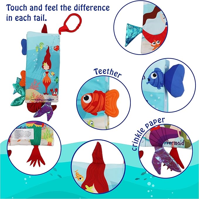 Fish Baby Books Toys 0-6-12-18 Months,Touch Feel Crinkle Cloth Books For Babies Infant Newborn 0-3 Months Baby Girl Boy Shower Gifts Toys,Soft Teething Stroller Toy,Easter Gift Items-Mermaid