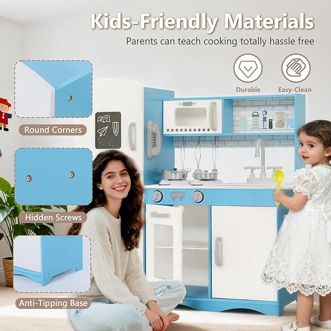 Kinder King Wooden Kids Play Kitchen, Toy Kitchen Playset for Toddler, Pretend Oven, Microwave, Telephone, Chalkboard, Interactive Doors, Knobs, Realistic Kitchen Sets for Boys Girls Age 3+, Blue