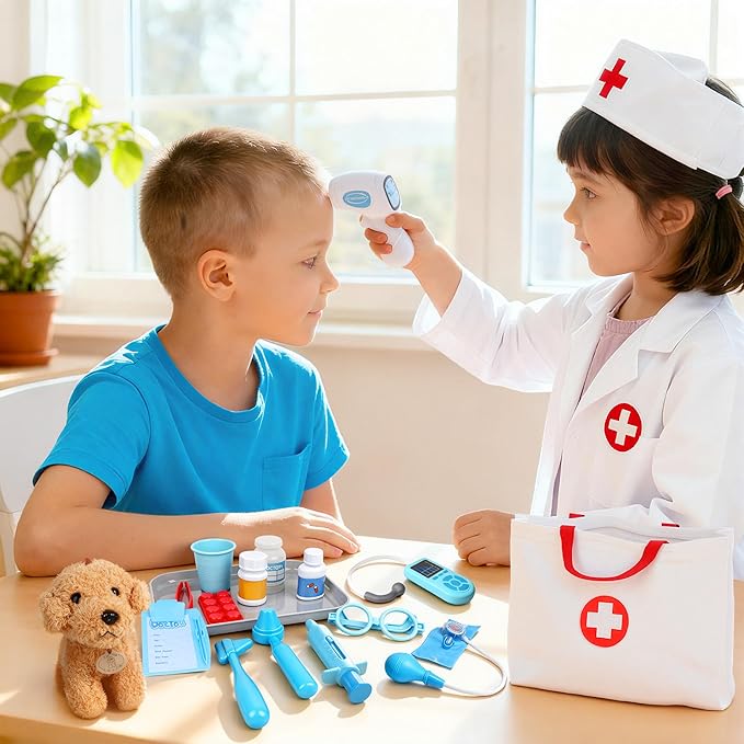 Doctor Kit for Toddlers 3-5 - Doctor Toys for 3 4 Year Old Boys Girls, Pretend Play Medical Kit with Dog, Carrying Bag, Dress Up Costume, Stethoscope, Role Play Birthday for Kids 5 6 7