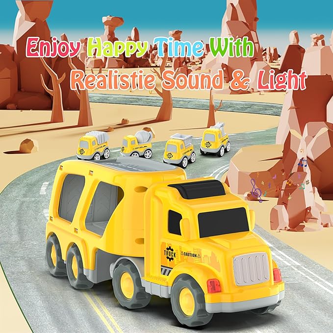 Veslier Toddler Car Toys for 3 4 5 Years Old Construction Transport Truck with 4 Pack Small Pull Back Construction Vehicles Friction Power Cars Christmas Birthday Gifts for Kids Boys Girls