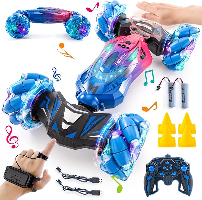 Gesture Sensing RC Stunt Car, 2.4GHz 4WD Stunt Car Toys for Ages 6-12 yr Boys Girls, Hand Controlled Remote Control Twist Cars, Offroad 360° Rotation with Lights and Music for Birthday Gifts