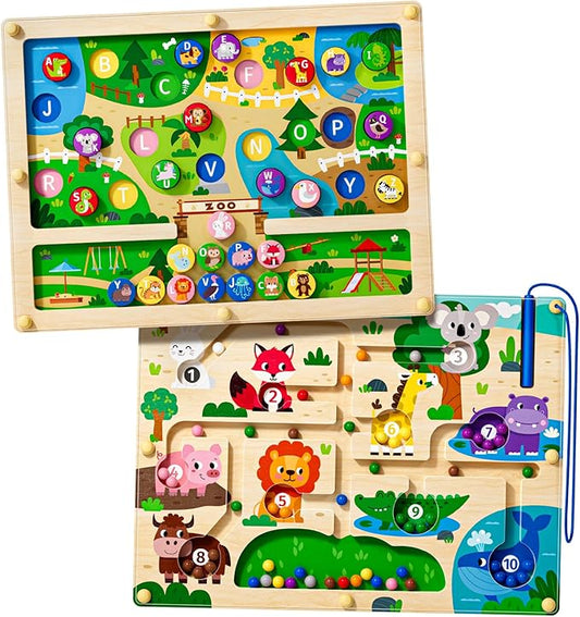 Magnetic Maze 2 in 1 Double Side Color and Number Maze Alphabet Puzzle Board for 3-5 Boys and Girls Kids Montessori Educational Toys (Zoo, One Size)