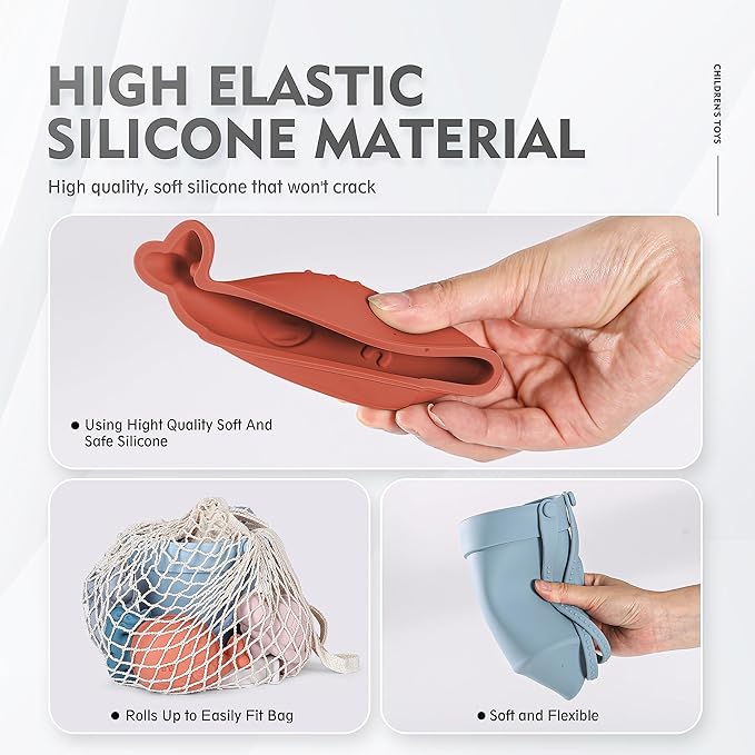 MarcZero 11Pcs Silicone Beach Toys,Modern Baby Beach Toys,Travel Friendly Beach Set,Silicone Bucket, Shovel, 8 Sand Molds, Beach Bag,Silicone Sand Toys for Toddlers, Kids (Blue)