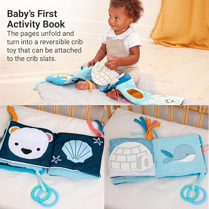 Little Big Friends 2-in-1 Sensory Baby Book | Crinkle Cloth Activity Book with Teether, Mirror & Contrast Textures | Stimulating Toy for Newborns & Infants | Crib & Stroller Attachment | Ocean Theme