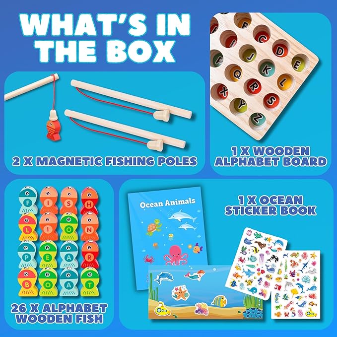 Haktoys Magnetic Wooden Alphabet Fishing Game with Ocean Sticker Book – Montessori ABC Toy with 26 Lettered Fish & 2 Poles – Educational Travel Toy for Toddlers, Boys & Girls Ages 3+