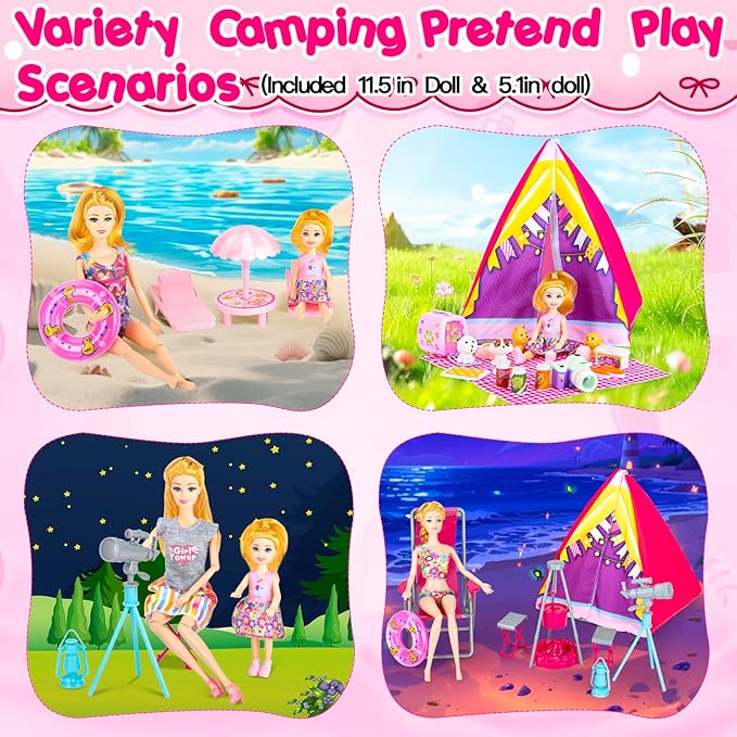 164 Pcs Doll Closet with 11.5 Inch Doll Clothes and Accessories Set, Camping Set, Princess Dresses, Camping Tent, Beach Swim Accessories Set, Diving Suit, Dress Up Toys for Girls Gift