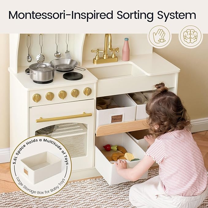 Tiny Land Play Kitchen for Kids with Enhanced Storage – Modern Toddler Kitchen Playset with Stove, Sink & Accessories, Organized Wooden Toy Kitchen, Ideal for Toddlers