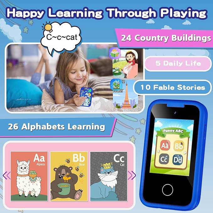 Kids Phone for Boys, Christmas Birthday Gifts for Boy Girl Age 3-10 Kids Toys Cell Phone, 2.8" Touchscreen Toddler Learning Play Toy Phone with Dual Camera, Game, Music Player, 8GB Card Blue