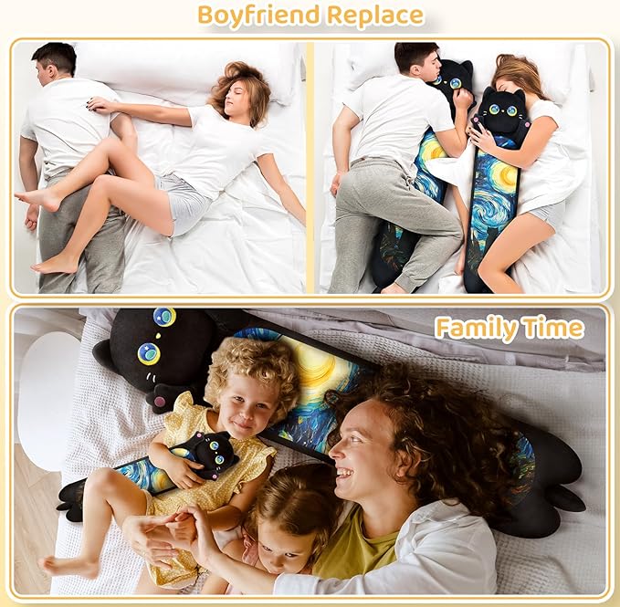 Mewaii Long Cat Plush 5 Sizes, 120% Extra Filling Giant Plushness Kids Body Pillow, Kawaii Cute Black Starry Cat Stuffed Animals Plushies, Big Long Body Pillow Plush Gift for Girls 53”