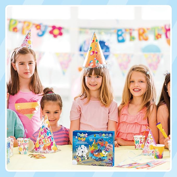 Ocean Reef Sea Creatures 37pcs Water Washable Painting & Building Toy Set, Children's Activity Art Kit, Paint Your Own Buildable Ocean Reef Toy with Free Bubbles Wand Gift