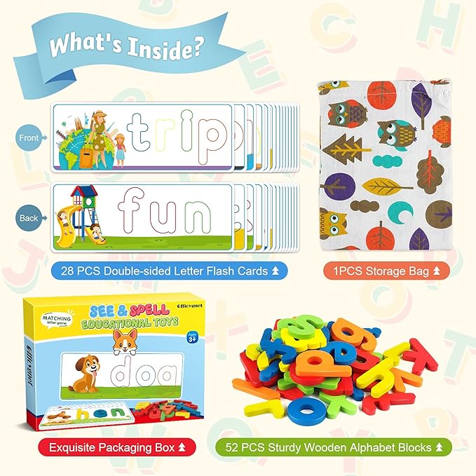 Officygnet Learning Toys for 3 4 5 6 Years Old Boys and Girls, See & Spell CVC Word Builders with Alphabet Cards for Kids Ages 3-5, Matching Letter Game for Preschool Toddler Learning Activities