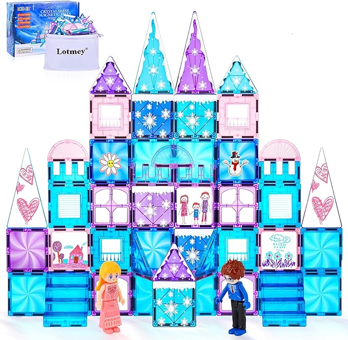 Diamond Magnetic Tiles Set 145PCS with Magnetic Doodle Kit, 3D Blocks Magnet Toys for Girls 3 4-7,8-12, Stem Toys Princess Castle Include 2 Stairs 2 Dolls Decals Stickers,3 4 5 6 7 8+ Girls Xmas Gift