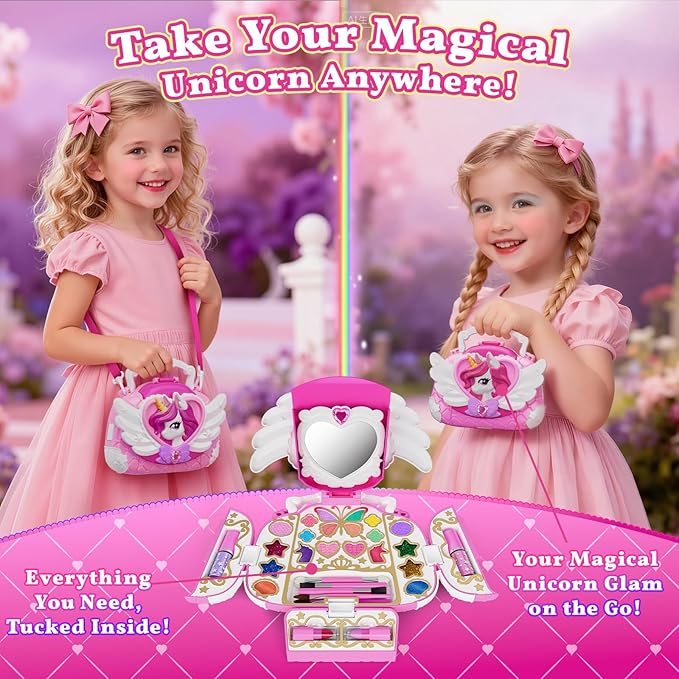 Unicorn Kids Makeup Kit with Mirror & Strap, Real Washable Make Up Set Princess Toys Unicorn Toys for Girls Age 4-6 5-7 6-8 8-13,Girls Toys Stocking Stuffers for Kids,Birthday Gifts for 3-12 Year Old
