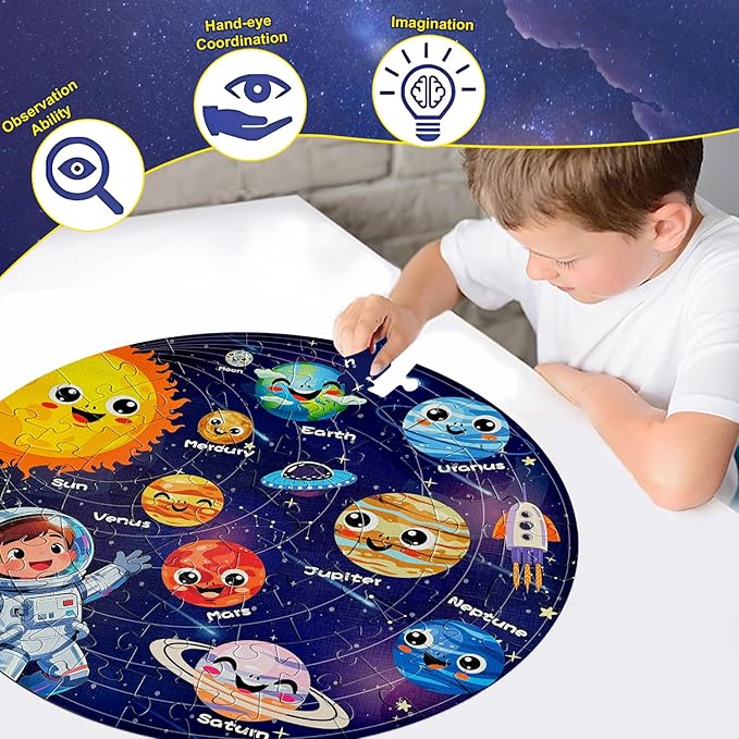 Floor Puzzles for Kids Ages 4-6 70 Piece Glow in The Dark Solar System Puzzles 3-5 Space Planets Toys Large Jigsaw Puzzle Learning Educational Toy Birthday Gift for Boys Girls Ages 6-8
